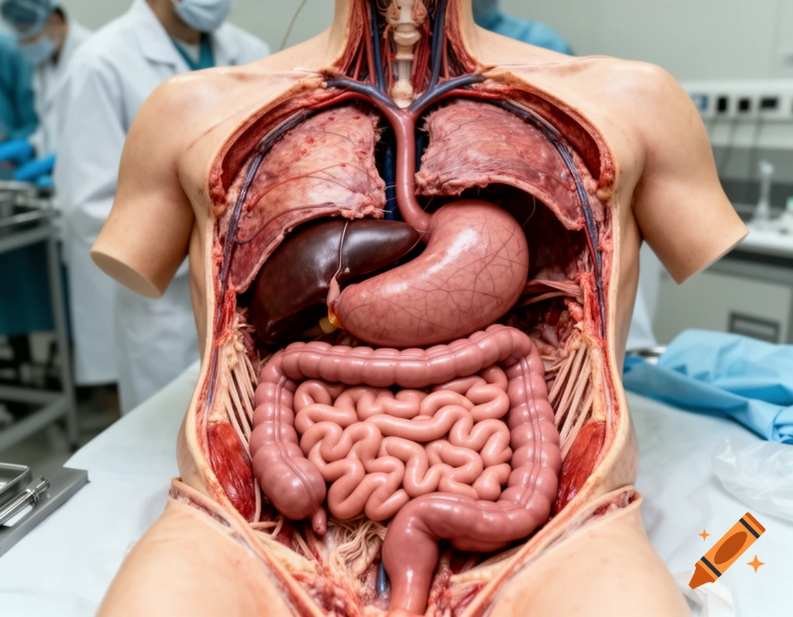 Close-up photorealistic view of a human torso anatomical model with internal organs like stomach and intestines exposed in a medical lab.