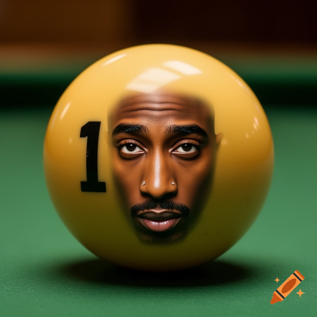 A close-up of a yellow number one pool ball featuring Tupac Shakur's face superimposed on it, resting on a green billiard table.