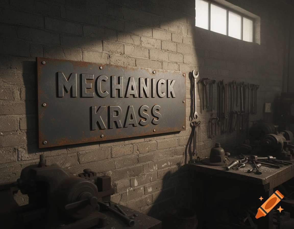 A dark, gritty workshop interior with a "MECHANICK KRASS" sign on a brick wall, surrounded by tools and machinery.
