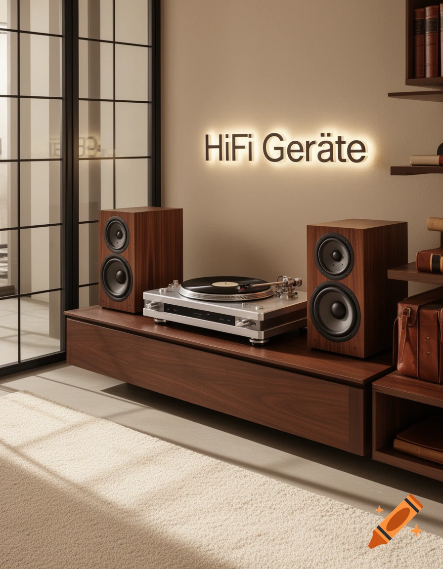 A photorealistic image of a modern living space featuring a turntable and speakers on a wooden cabinet, with a glowing "HiFi Geräte" sign on the wall.