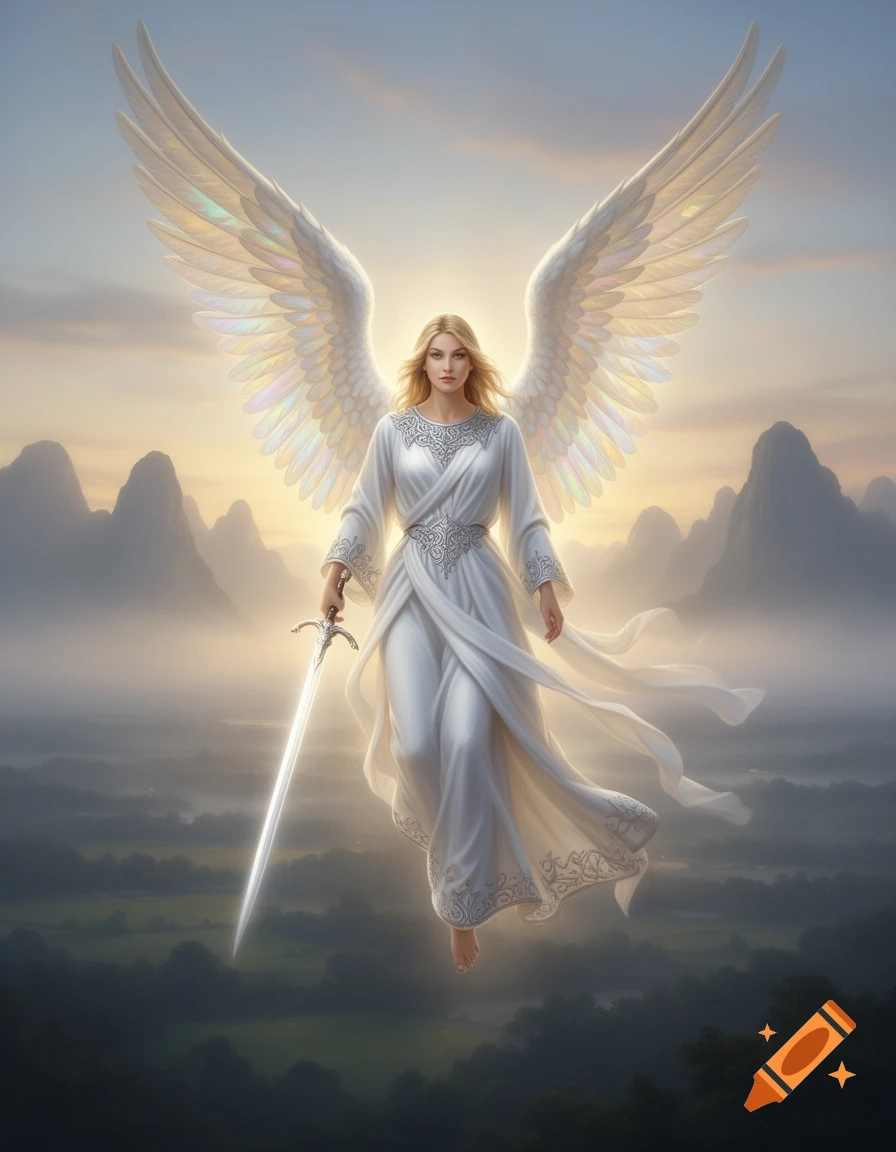 A majestic female archangel with large white wings floats above misty mountains, holding a glowing sword.