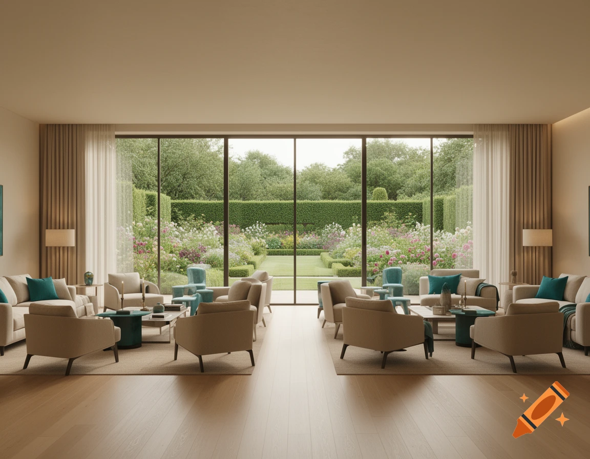 A spacious modern living room with beige furniture and teal accents, featuring large windows overlooking a lush garden.
