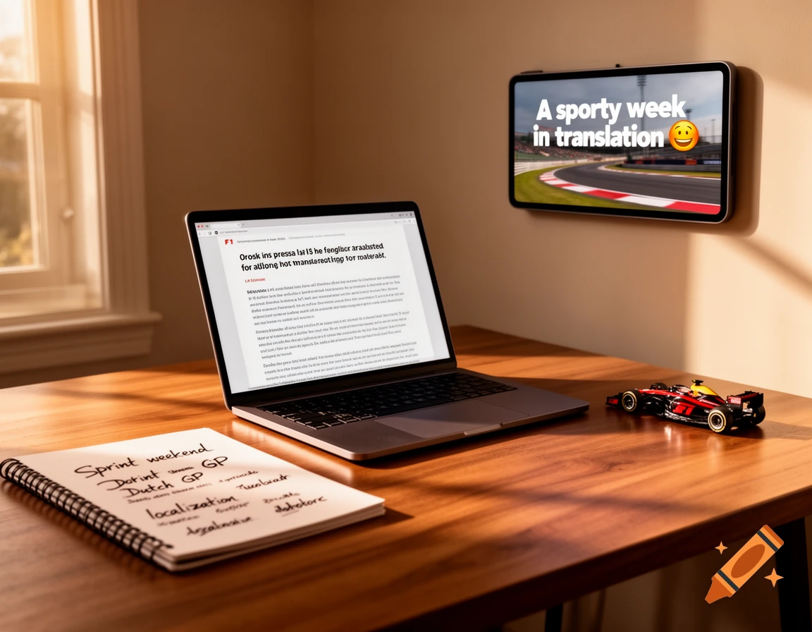 A personal workspace with a laptop displaying a garbled F1 article, a notebook with "Sprint weekend, Dutch GP, localization," a small F1 model car, and a wall-mounted screen showing "A sporty week in translation" with an emoji.