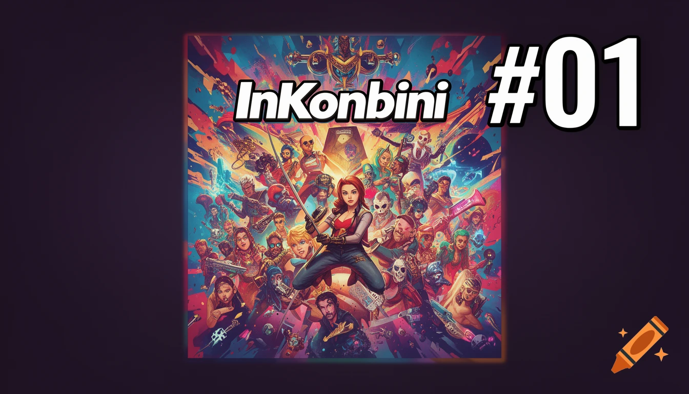 A colorful comic art YouTube thumbnail featuring diverse characters, a central woman, and 'InKonbini #01' text.