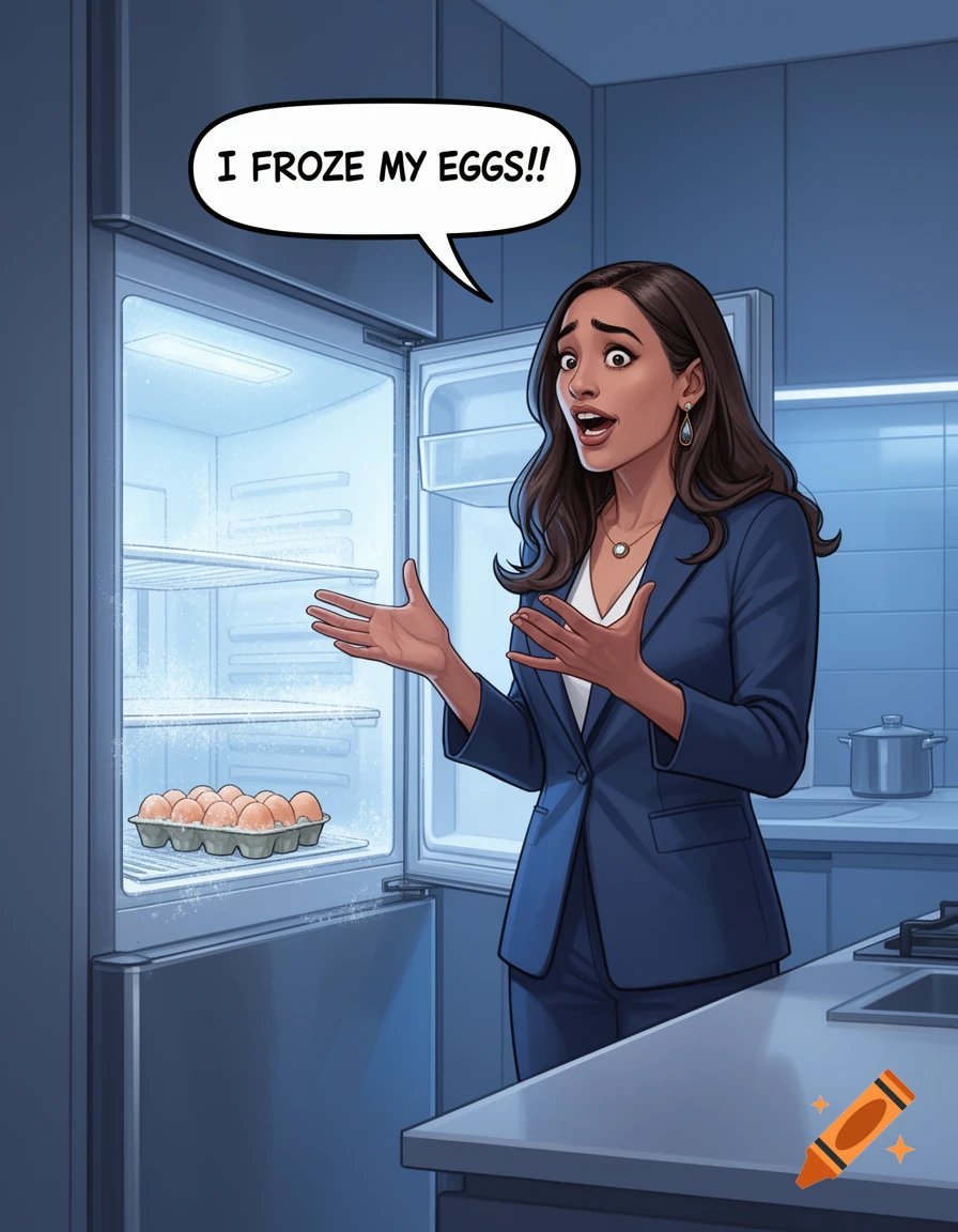 A cartoon woman in a blue suit, surprised by frozen eggs in an open refrigerator in a modern kitchen, says 'I FROZE MY EGGS!!'