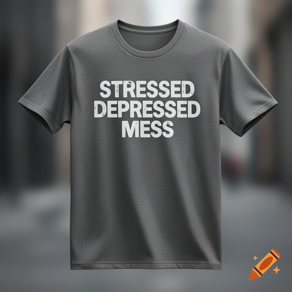 Dark gray t-shirt with 'STRESSED DEPRESSED MESS' in white text.