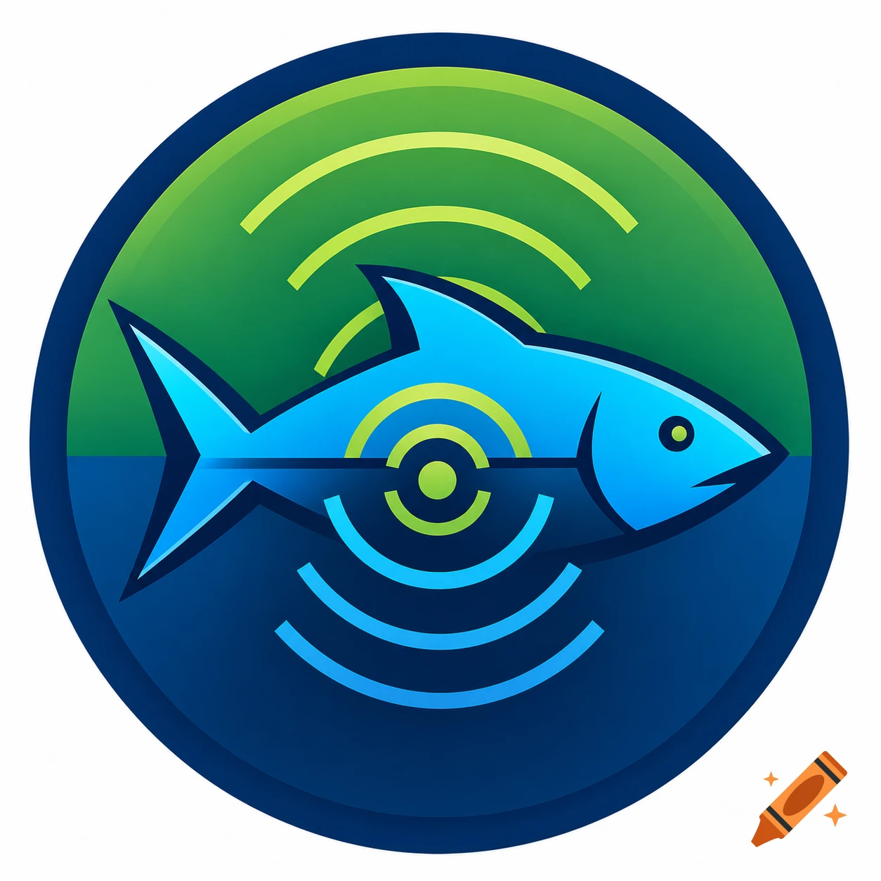 Stylized blue fish icon with green and blue sonar waves in a gradient circle.