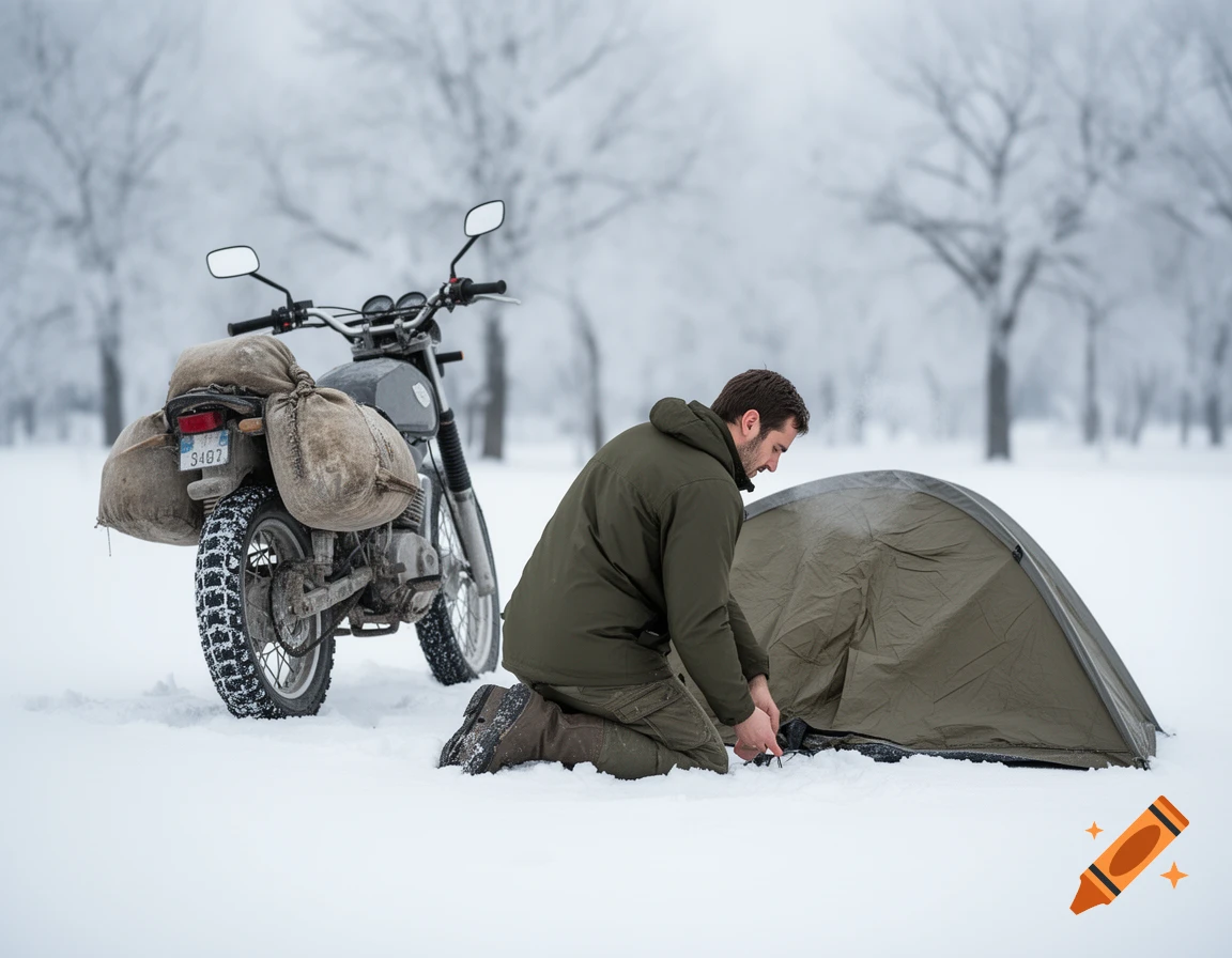 Man setting up a green tent in a snowy forest next to a gray motorcycle with luggage bags.