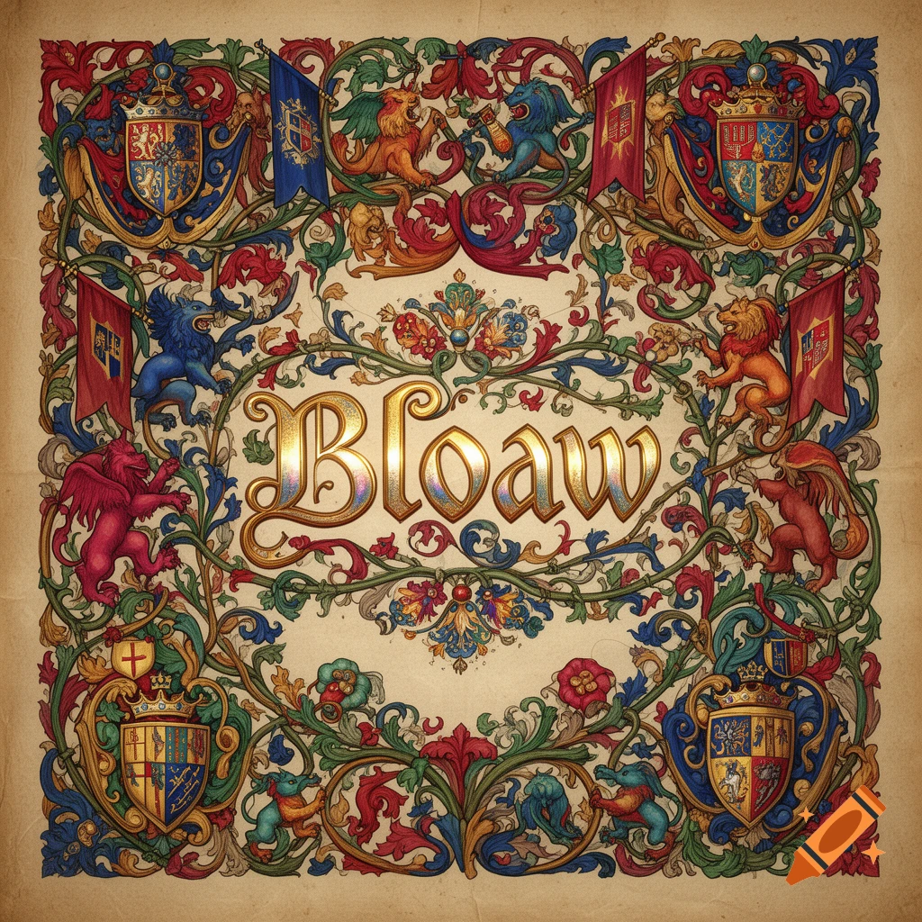 An ornate medieval manuscript illustration with colorful foliage, lions, shields, and the word 'Bloaw' in the center.