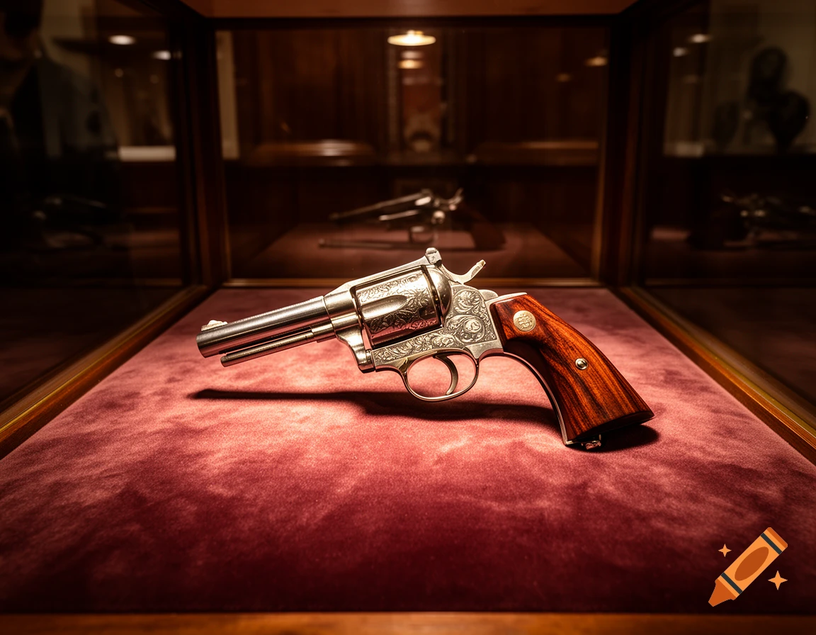 Ornate silver revolver with a wooden grip rests on red velvet inside a dimly lit display case.