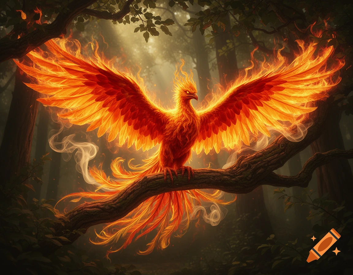 A majestic phoenix with brilliant fiery orange and red wings spread, perched on a tree branch in a mystical, dark forest.