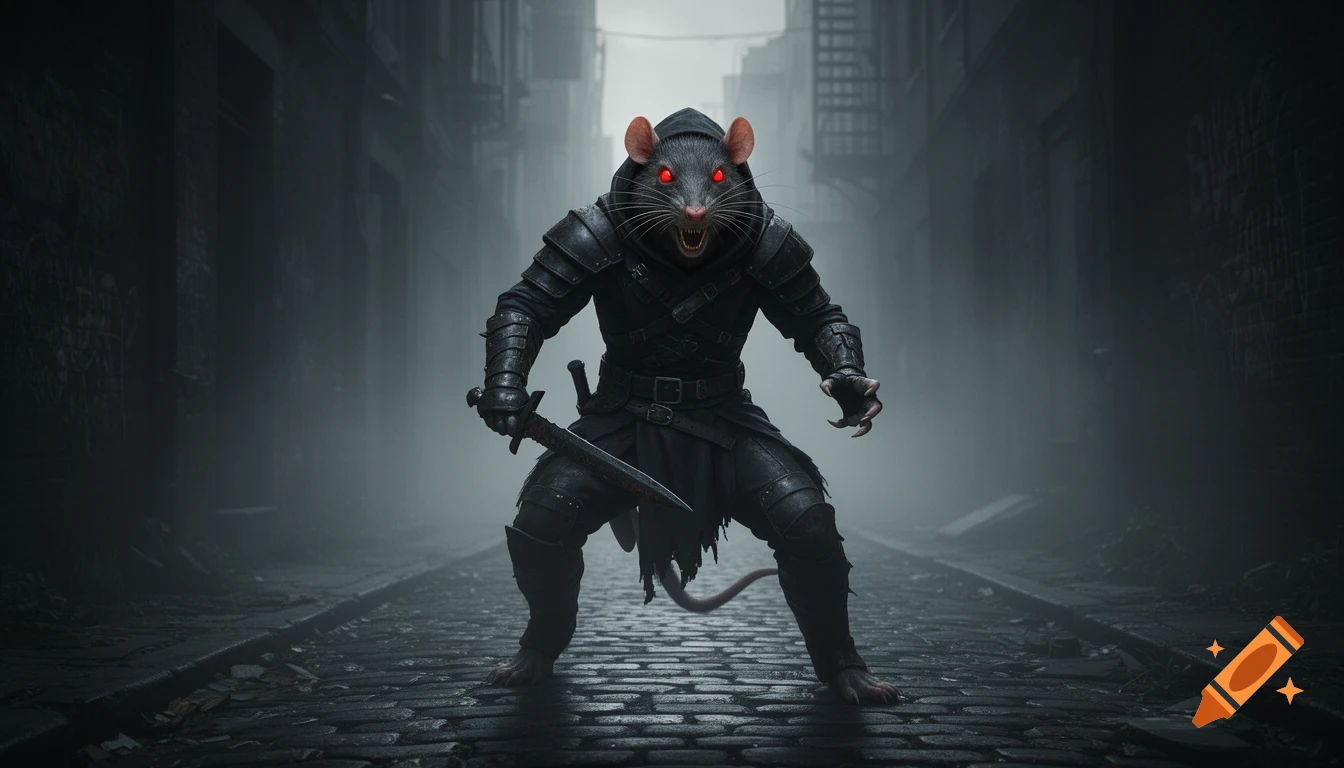 A menacing wererat rogue in black armor with glowing red eyes holds a dagger in a foggy, dark alleyway. Photorealistic.