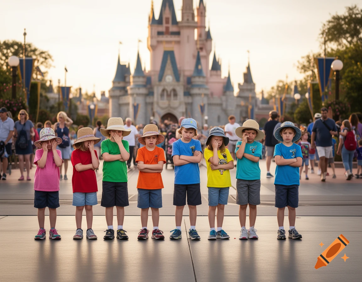 Seven young children stand in a row, some crying and some with crossed arms, looking disappointed in front of a Disney castle.