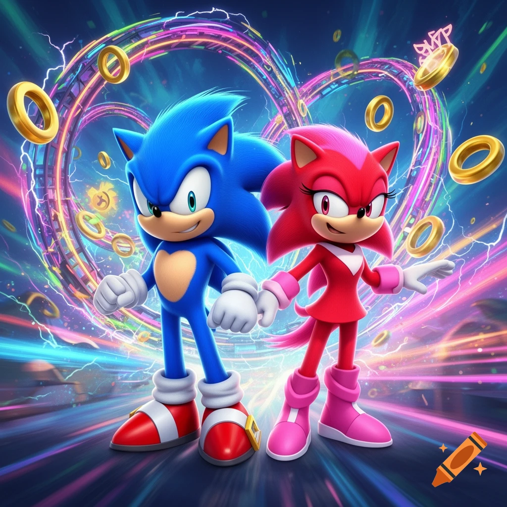 Sonic and a red female hedgehog stand together against a vibrant, futuristic background with rings and light trails.