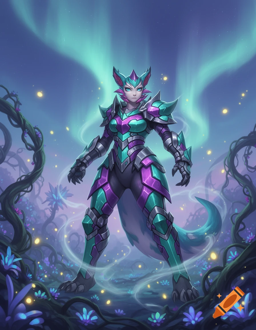 A female fantasy warrior in purple and teal armor with animal ears and tail stands in a magical forest with glowing plants under an aurora sky.