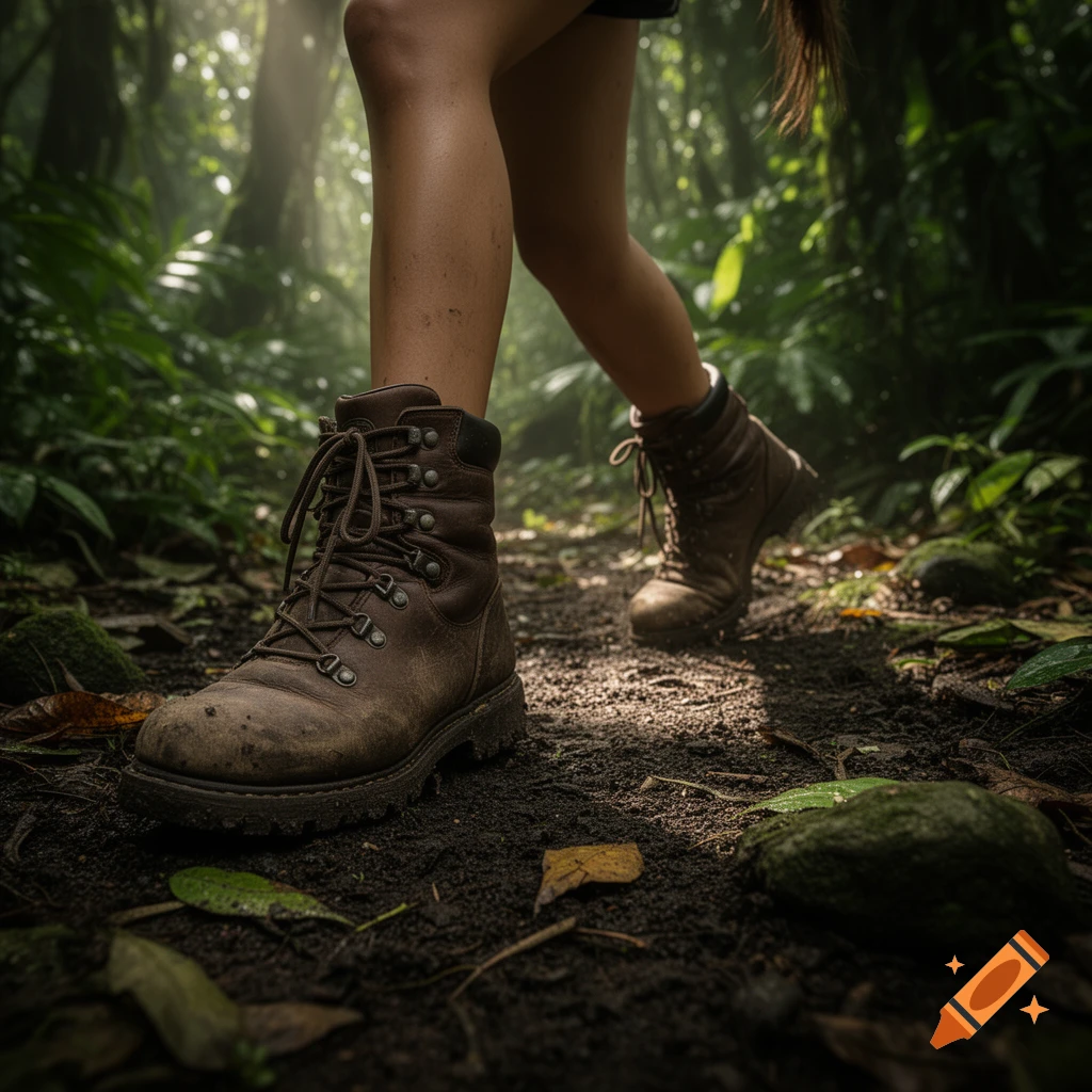 Close-up of a person's dirt-covered brown hiking boots and legs walking on a muddy jungle path with dappled sunlight.