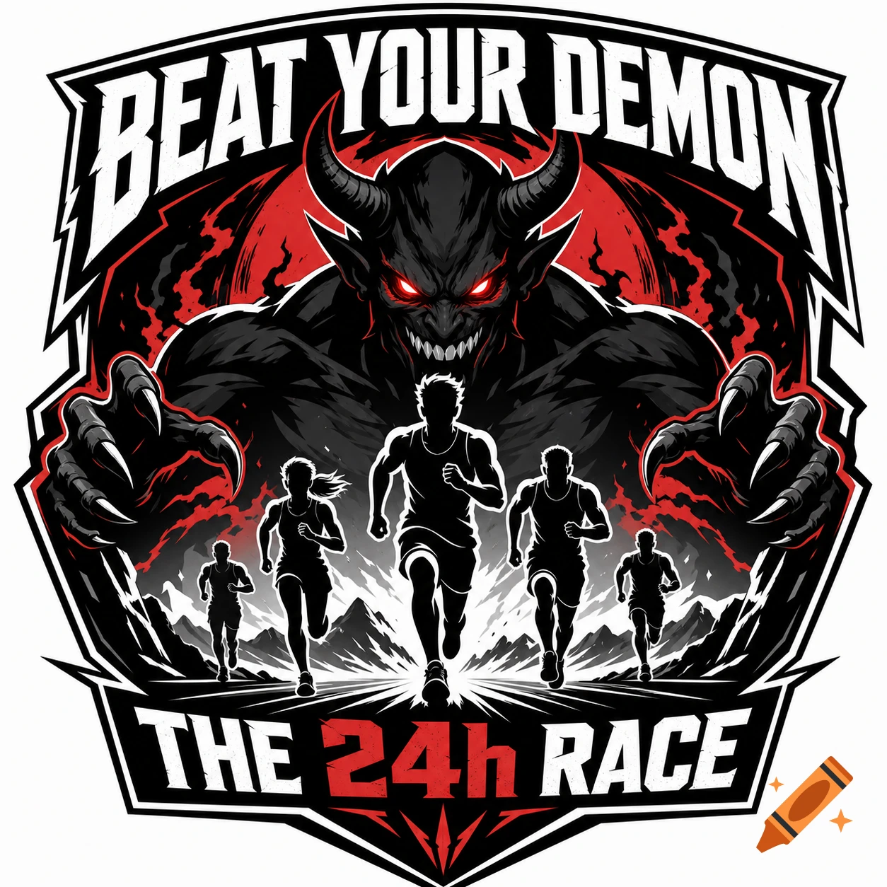 A sports logo featuring a menacing black demon with red eyes and horns, overseeing silhouettes of runners, with text 'BEAT YOUR DEMON' and 'THE 24h RACE'.