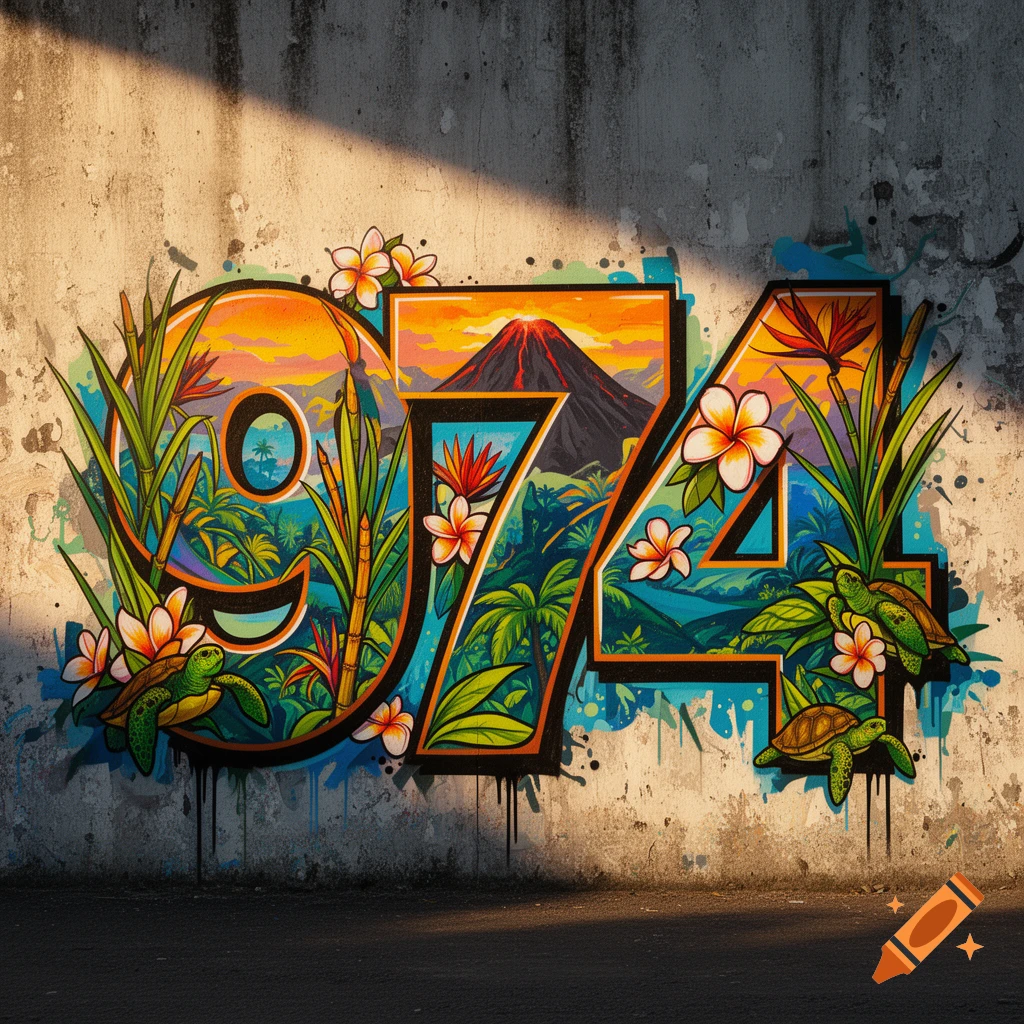 Vibrant street art graffiti of '974' on a concrete wall, filled with tropical plants, flowers, turtles, and a volcano, bathed in sunlight.