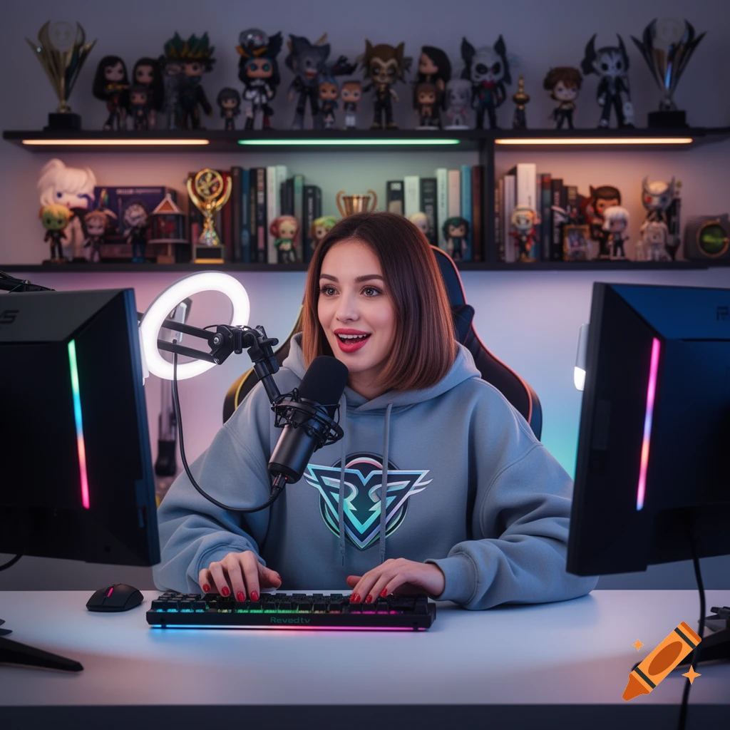 A young woman streamer with short brown hair, wearing a gray hoodie, sits at a desk with a gaming keyboard and microphone, looking at a monitor in a room with shelves of collectible figures.