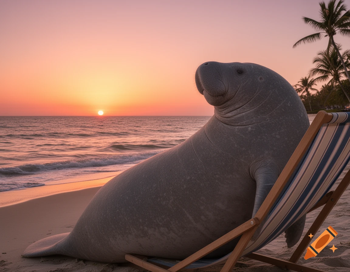 A large grey manatee relaxes in a striped beach chair on a sandy shore as the sun sets over the ocean, with palm trees silhouetted.