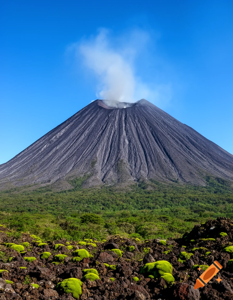 A photorealistic view of a dark gray volcano emitting steam, framed by a clear blue sky, green forest, and moss-covered lava rocks.