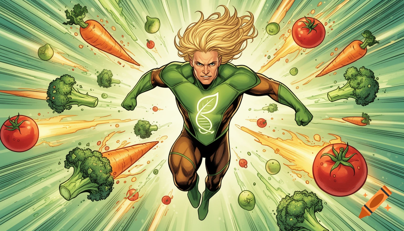 A blonde male superhero in a green and brown suit with a leaf and DNA symbol on his chest, flies amidst a barrage of flying vegetables, in a comic book art style.