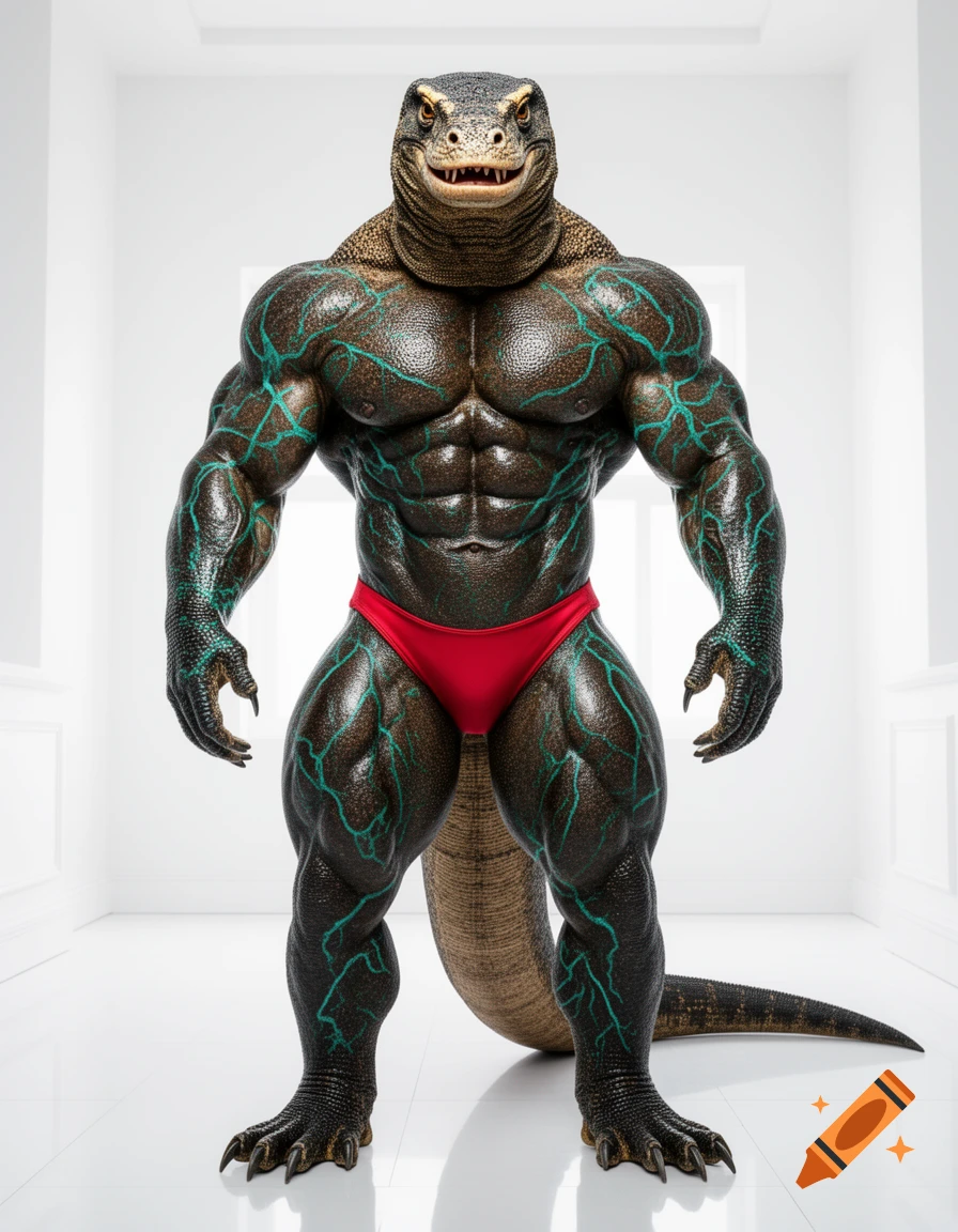 A hyper-muscular humanoid Komodo dragon bodybuilder in a red thong poses in a white room.