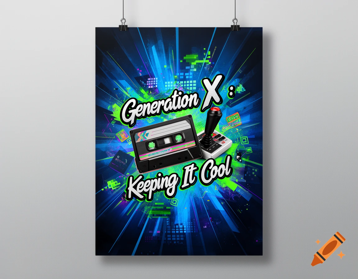 A vibrant poster for Generation X, featuring a cassette tape and a retro joystick against a blue and green neon-lit background. Text reads "Generation X : Keeping It Cool".