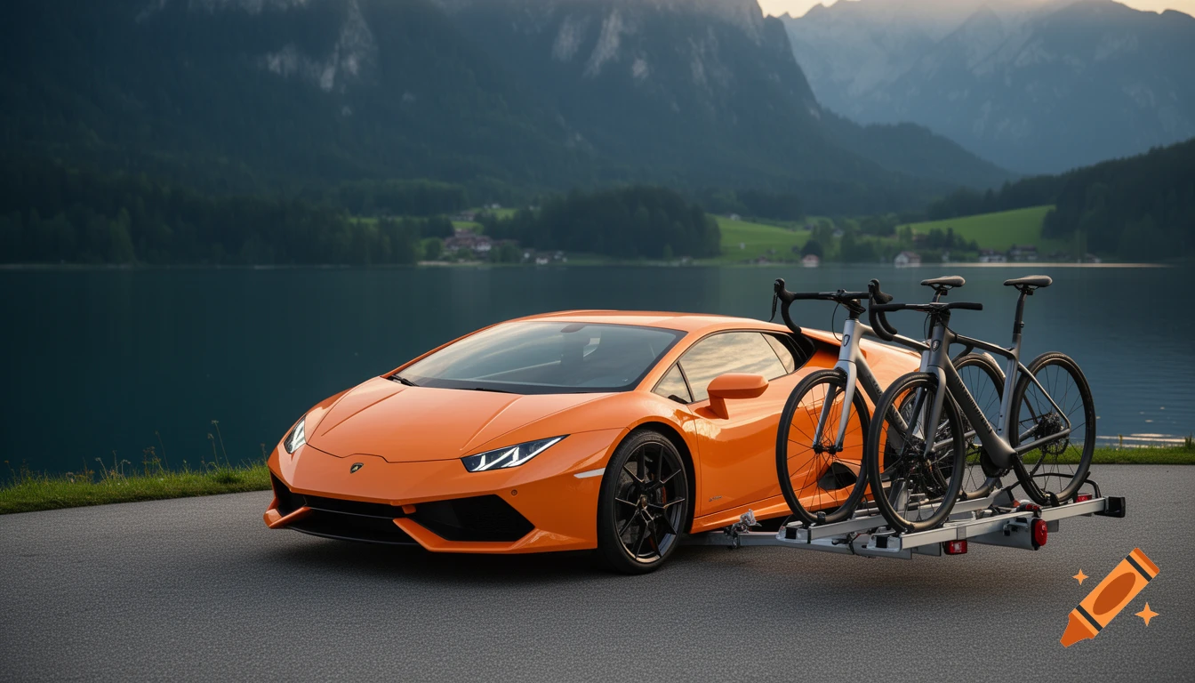 Photorealistic image of an orange Lamborghini with two road bikes on a rear carrier, by a lake with mountains.