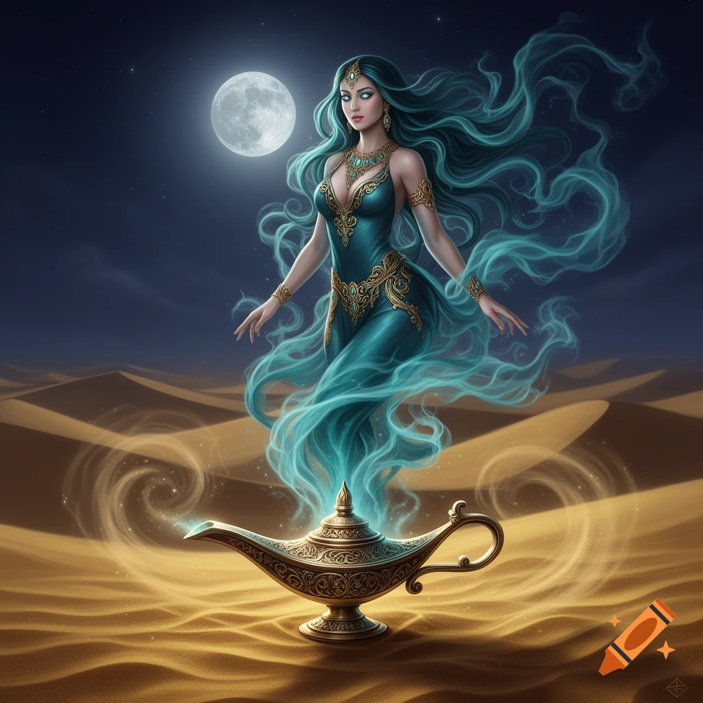 A beautiful genie with flowing blue-green hair emerges from a golden lamp in a desert under a full moon at night.