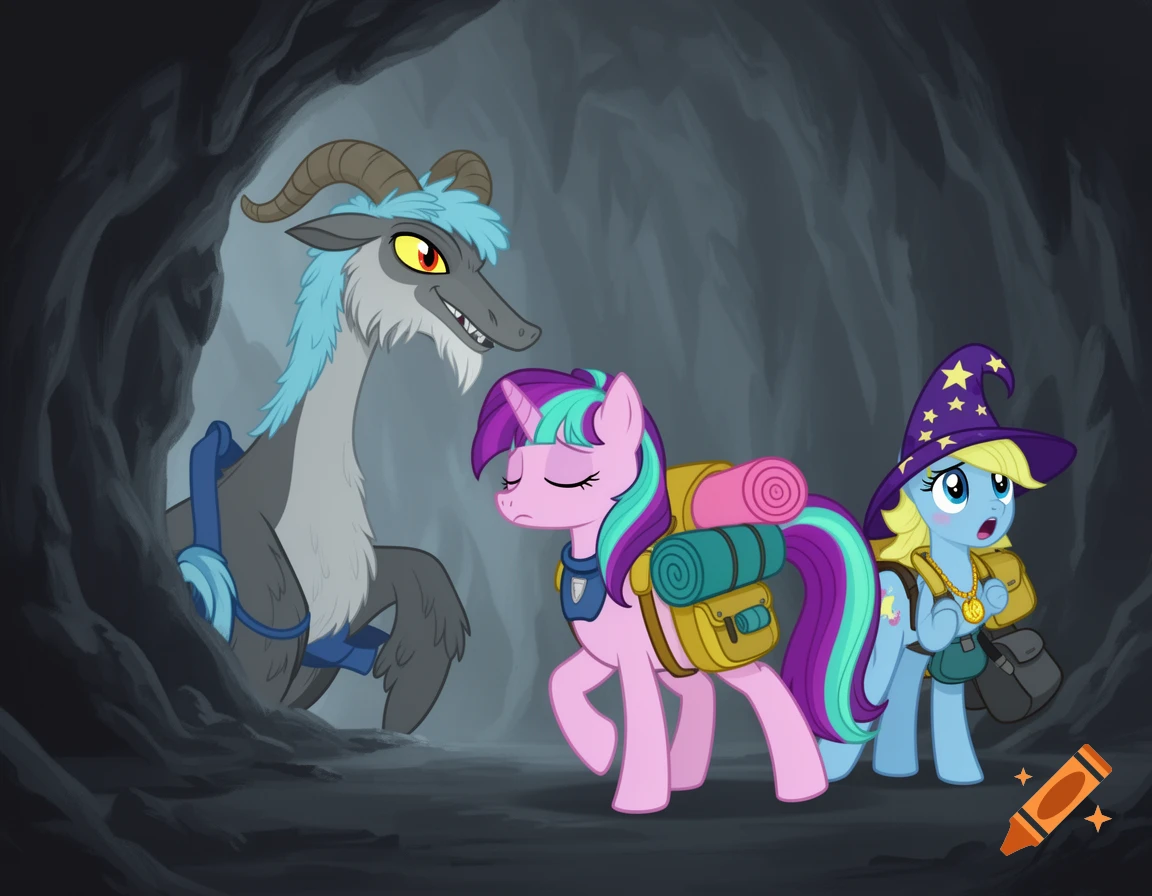 A gray goat-like creature with blue hair and two ponies, one pink and one blue in a wizard hat, explore a dark cave.