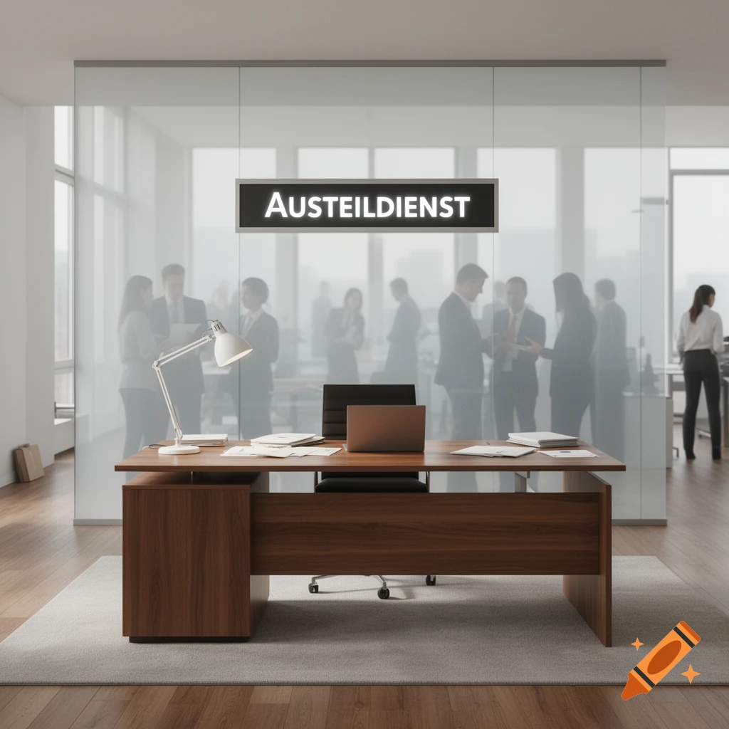 A modern office with a wooden desk, lamp, and laptop. Silhouetted business people are in the background, with a sign reading 'AUSTEILDIENST'.