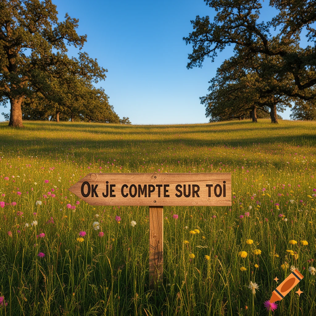 Photorealistic image of a wooden sign pointing left with text 'OK JE COMPTE SUR TOI' in a sunny field of wildflowers under a clear blue sky, with oak trees.