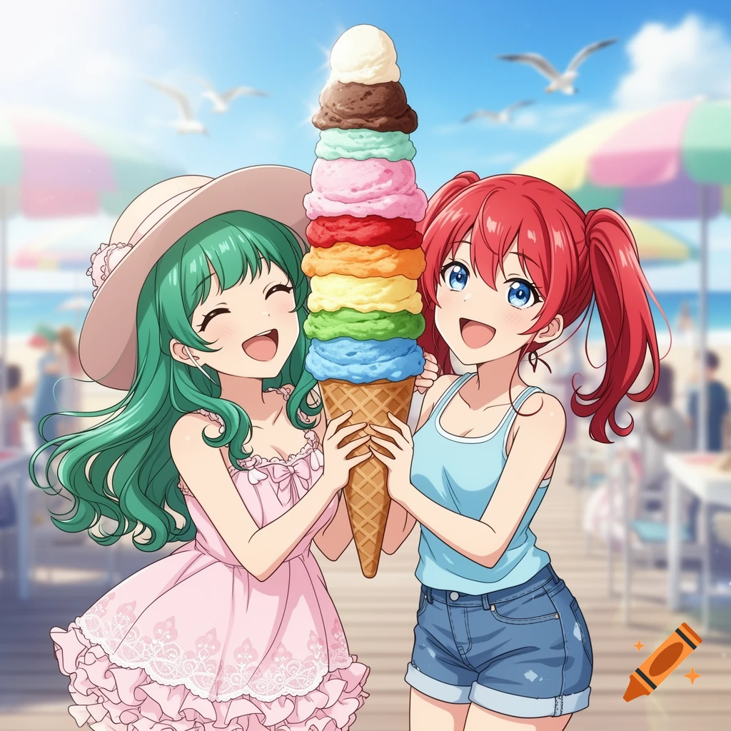 Two happy anime girls hold a giant, colorful ice cream cone on a sunny beach.