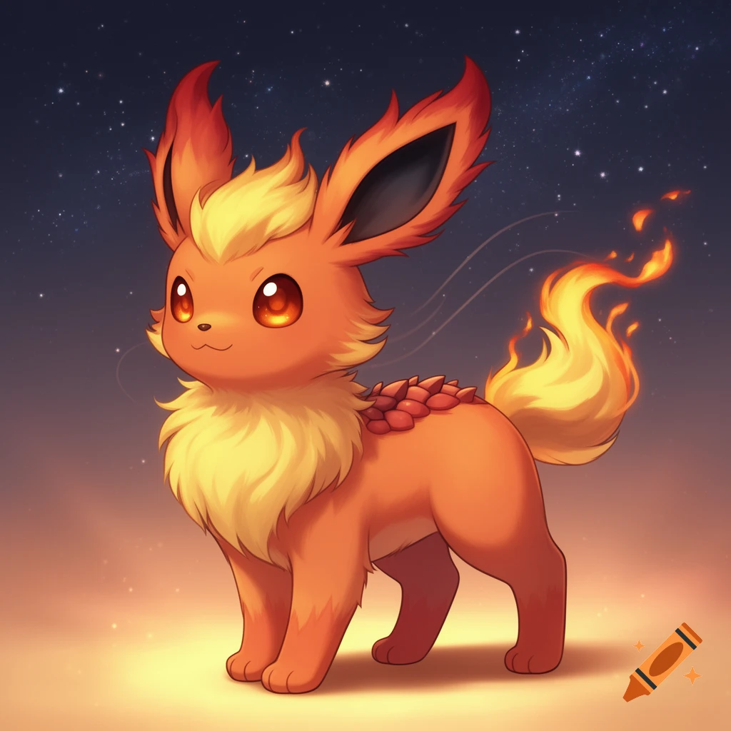 A cute, orange and yellow, fire-type Pokémon creature with large ears and a flame tail stands on a glowing ground under a starry night sky.