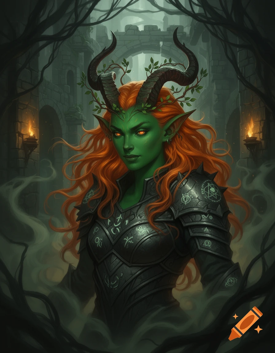 A green-skinned, red-haired fantasy character with horns entwined with leaves, wearing armor, in a dark castle ruin.