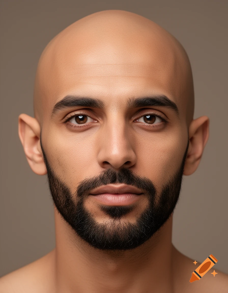 Close-up photorealistic portrait of a bald man with a short beard, looking directly at the viewer.