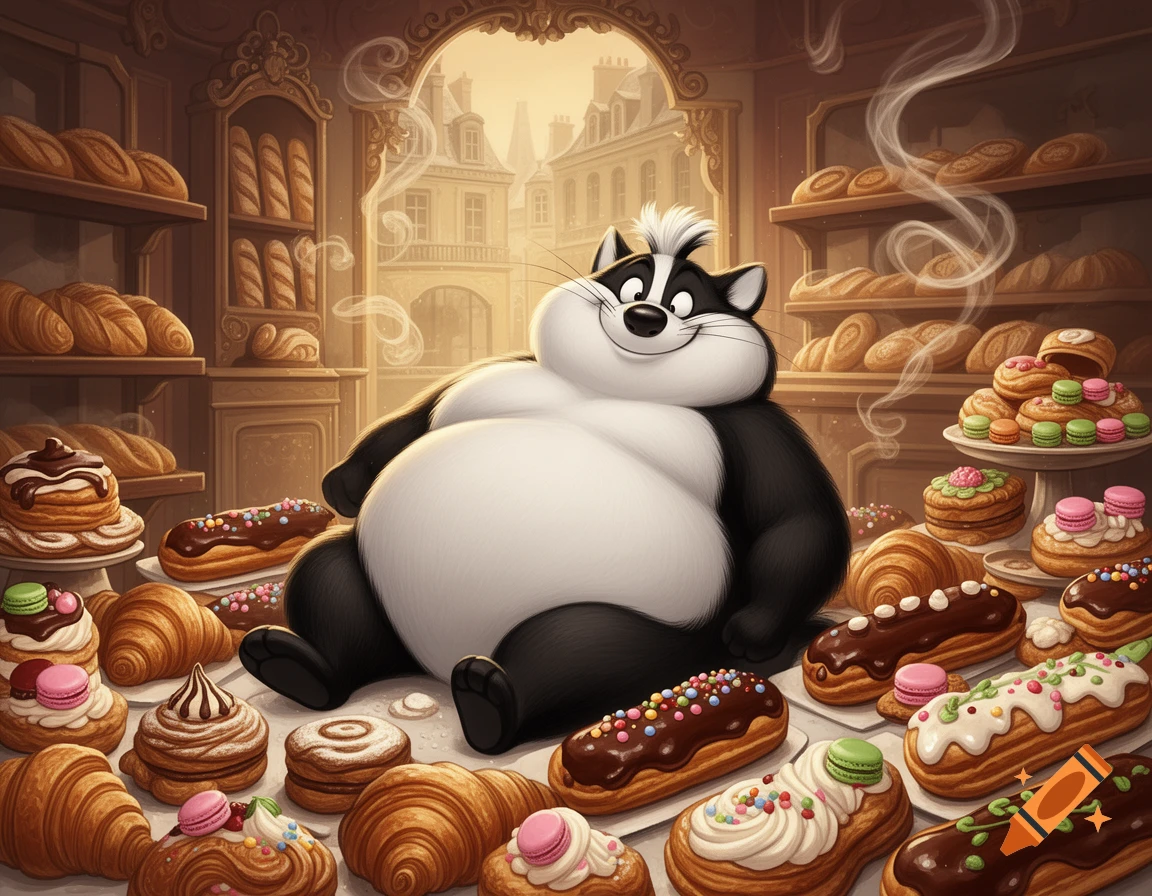 A happy, obese cartoon skunk sits surrounded by French pastries in a charming Parisian bakery.