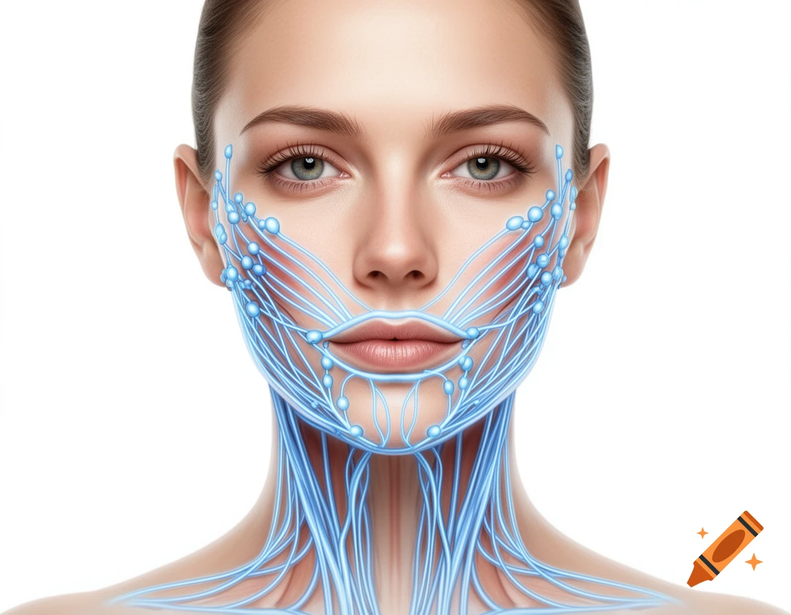 A detailed medical illustration of a woman's face and neck showing blue lymphatic drainage pathways and nodes.