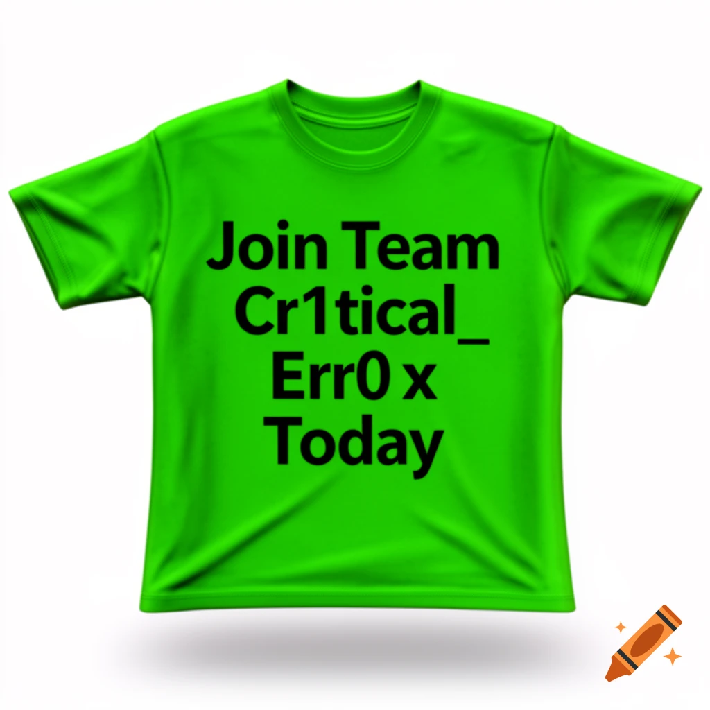 A bright green t-shirt with black text "Join Team Cr1tical_Err0x Today" floating on a white background.