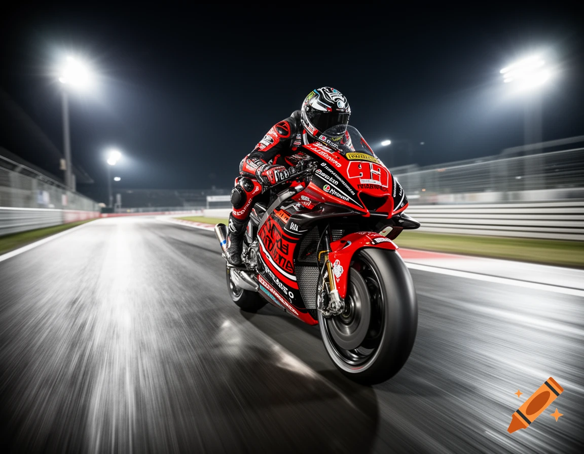 A motorcyclist in a red and black racing suit rides a red and black motorcycle on a track at night, illuminated by stadium lights.