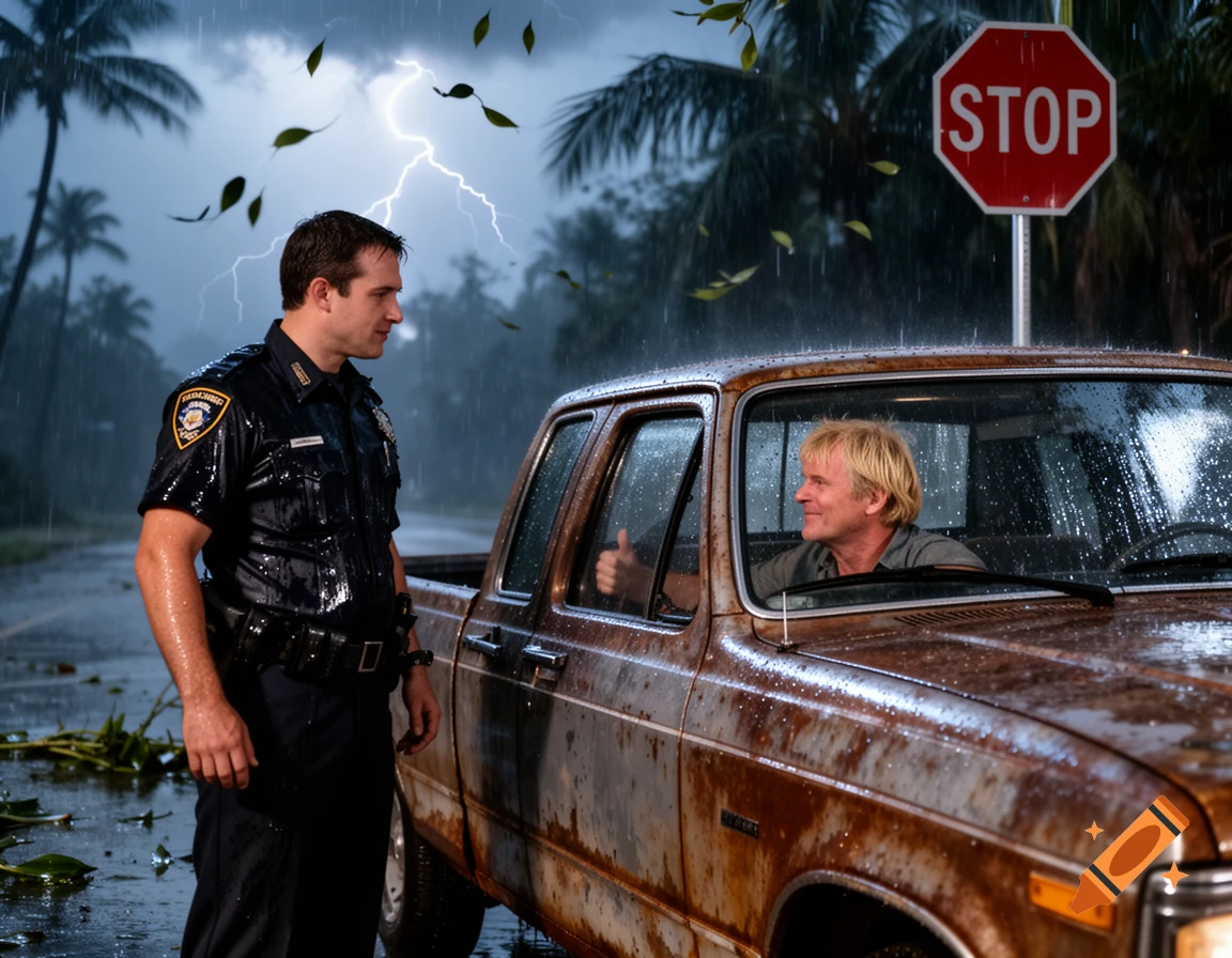 A police officer talks to a driver in a rusty pickup truck during a heavy rainstorm with lightning and a stop sign in the background, photorealistic style.