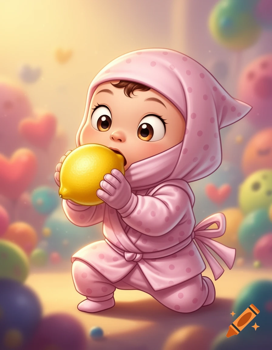 A cute cartoon baby in a pink polka-dot ninja outfit kneels, biting into a bright yellow lemon, with a soft, colorful background.