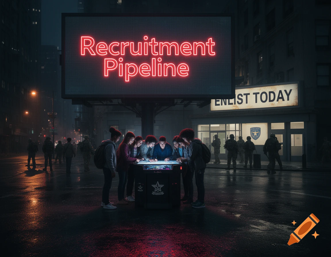 A group of young people gather around a glowing screen on a dark, wet city street with a "Recruitment Pipeline" billboard and an "ENLIST TODAY" sign in the background. Photorealistic style.