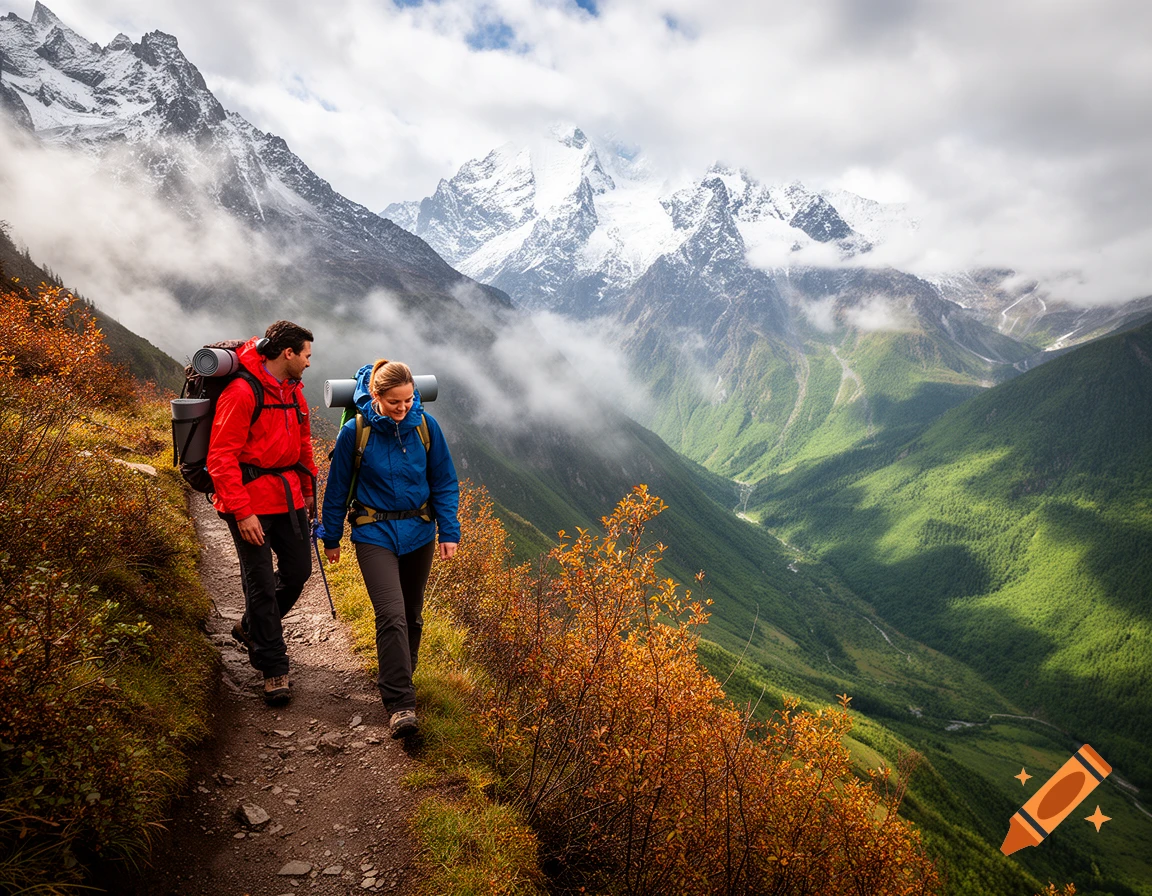 A man in a red jacket and a woman in a blue jacket hike on a dirt trail, overlooking a valley with snow-capped mountains and autumn foliage under a cloudy sky.