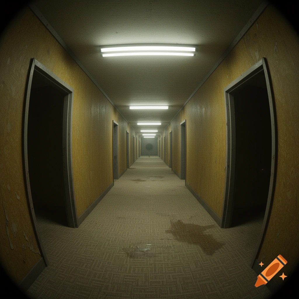 A long, eerie corridor with yellow peeling wallpaper, dirty patterned carpet, and bright fluorescent lights, seen with a fisheye lens.