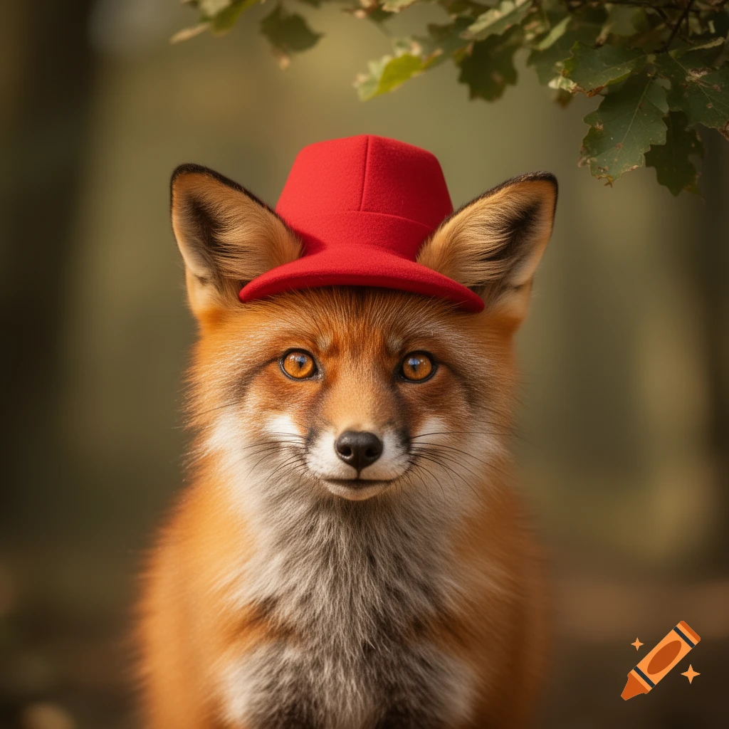 A close-up, photorealistic portrait of a cute red fox wearing a small red hat, looking directly at the viewer in a forest.