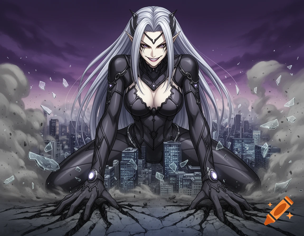 A menacing, giant white-haired anime demoness with horns crouches on cracked ground over a city, under a stormy purple sky.