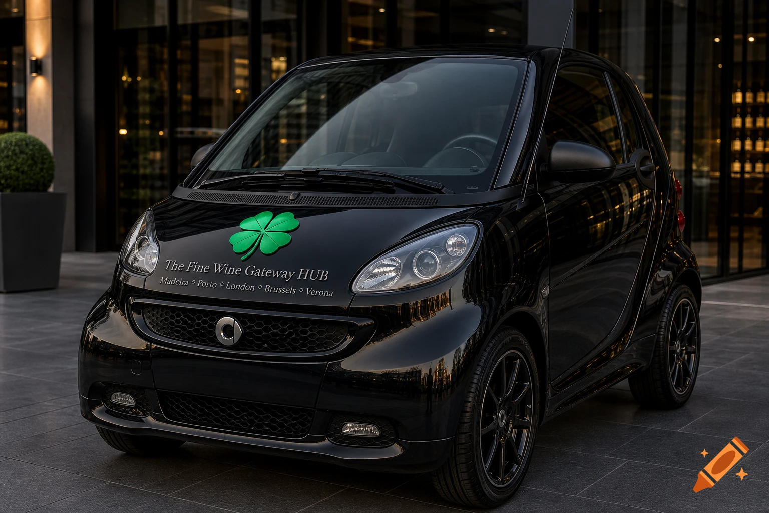 A black Smart car with a green four-leaf clover logo and 'The Fine Wine Gateway HUB' text on the hood, parked outside a modern building.