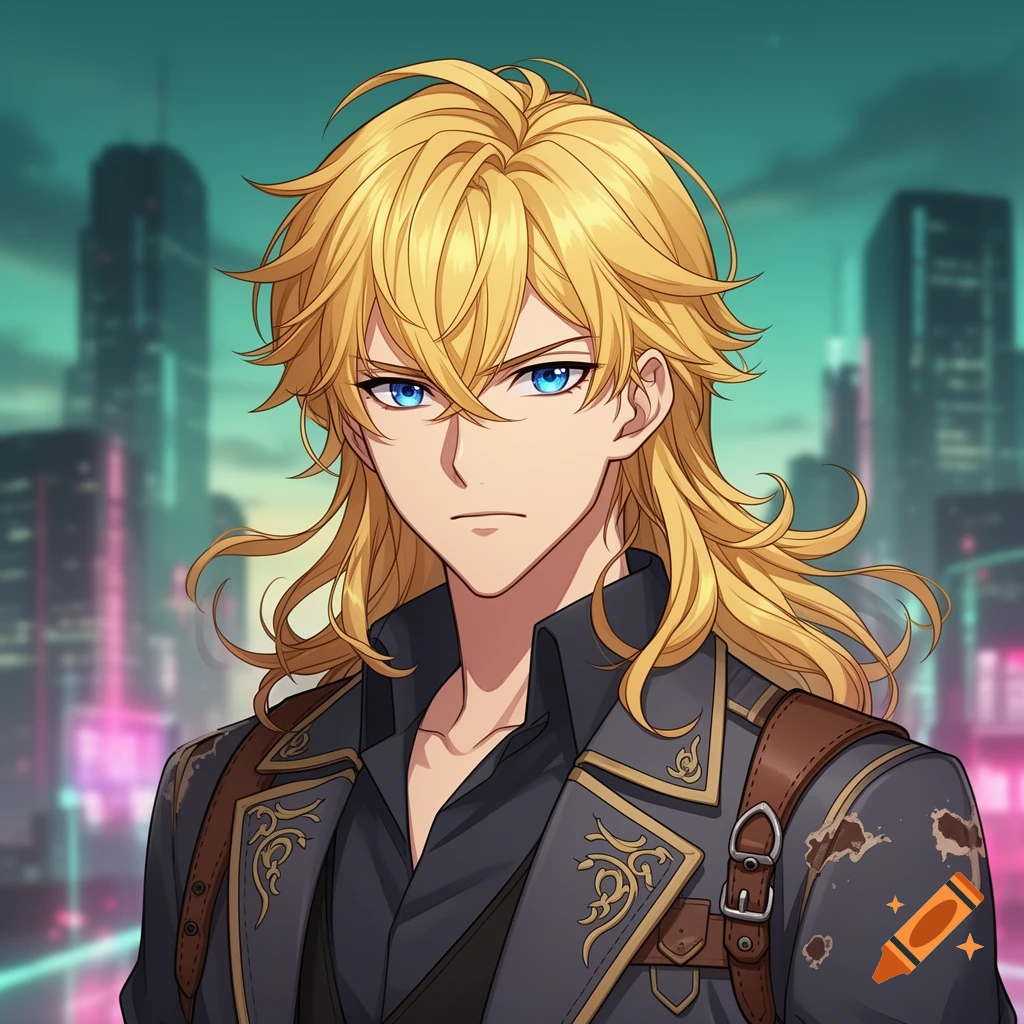 Anime male character with long blonde hair and blue eyes, wearing a dark ornate coat, against a neon city background.